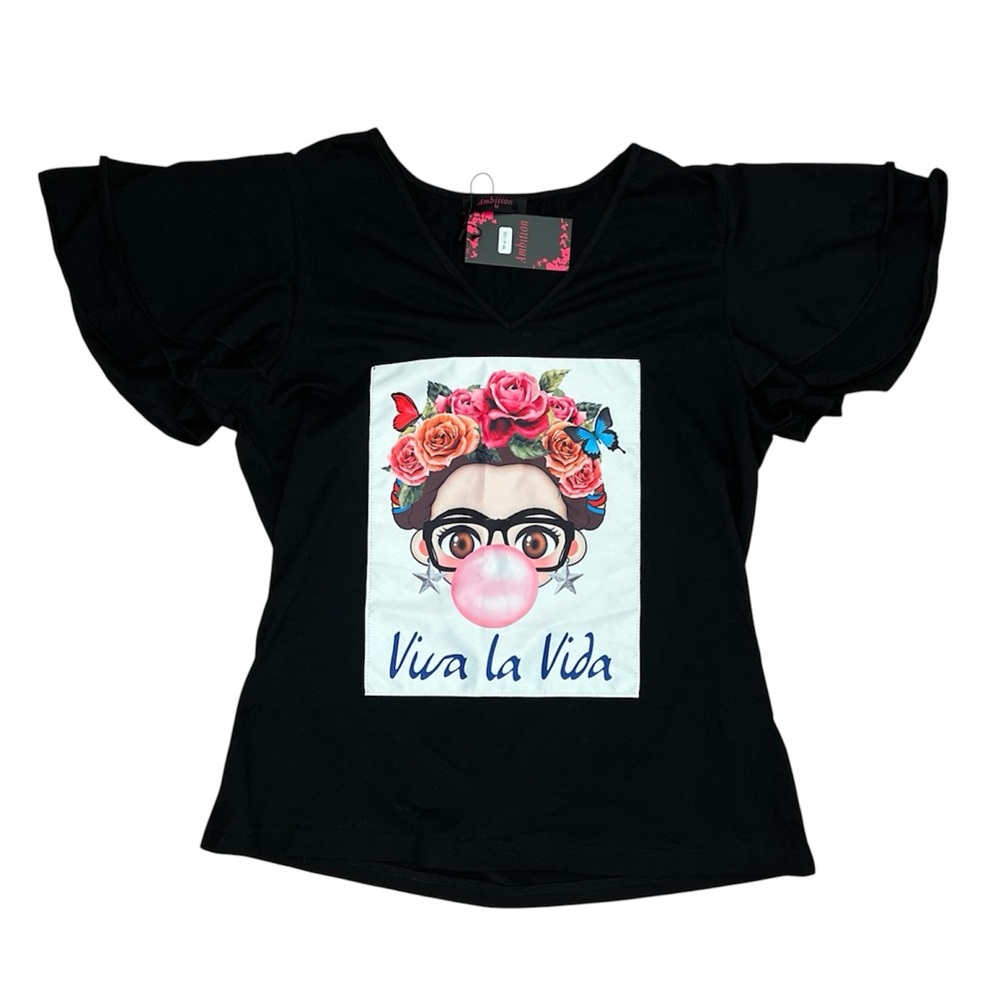NWT Ambition Black Graphic “Viva La Vida”  Flutter Sleeve V Neck WM SZ M